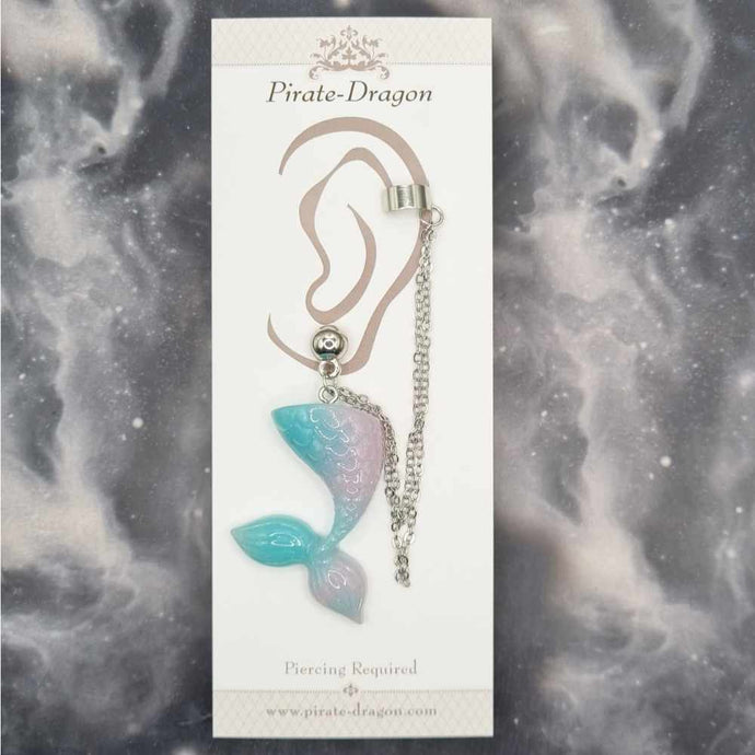 Blue/Pink Pastel Mermaid Tail with Silver Chains Pierced Earcuff (EC99243)