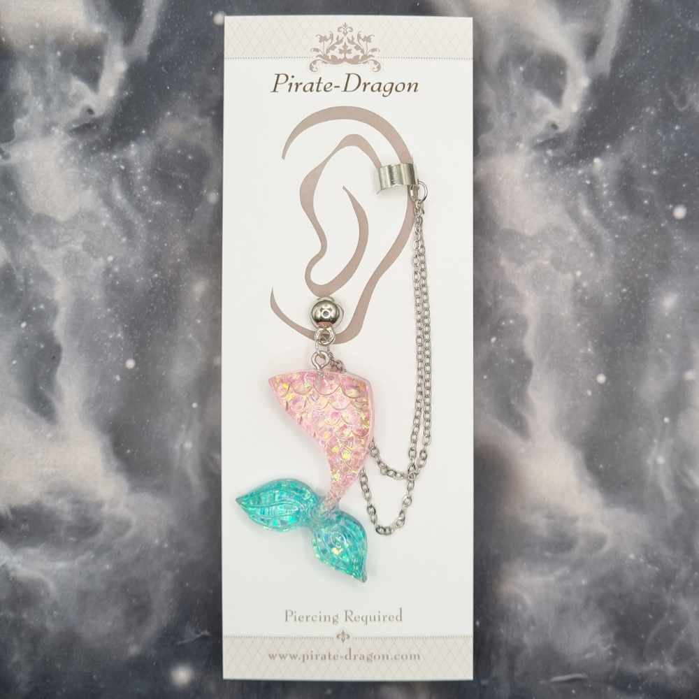 Pink/Blue Mermaid Tail with Silver Chains Pierced Earcuff (EC99247)