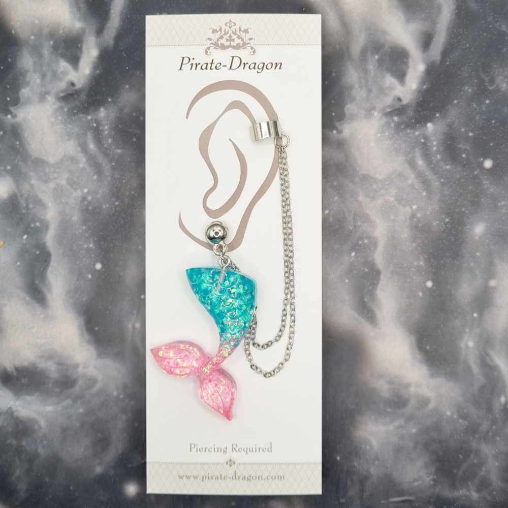 Blue/Pink Mermaid Tail with Silver Chains Pierced Earcuff (EC99248)