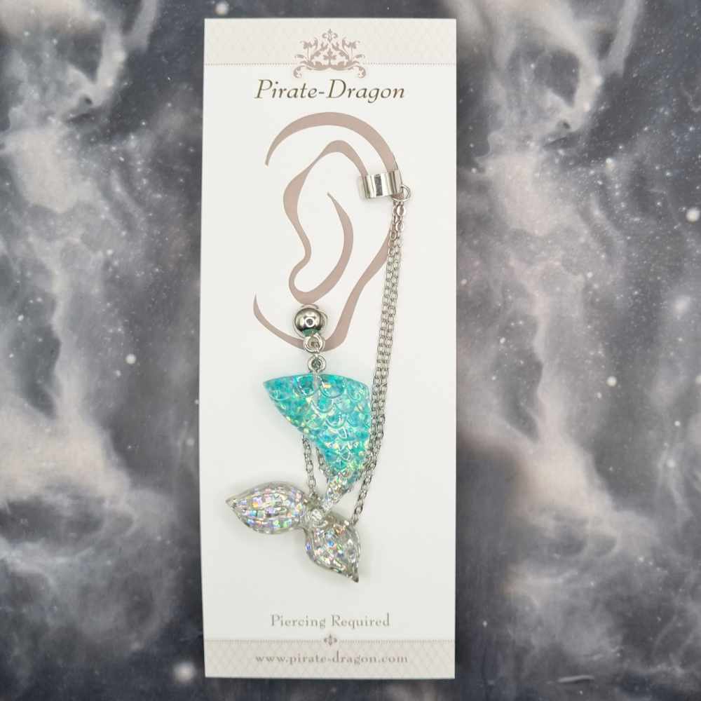 Blue/Silver Mermaid Tail with Silver Chains Pierced Earcuff (EC99249)