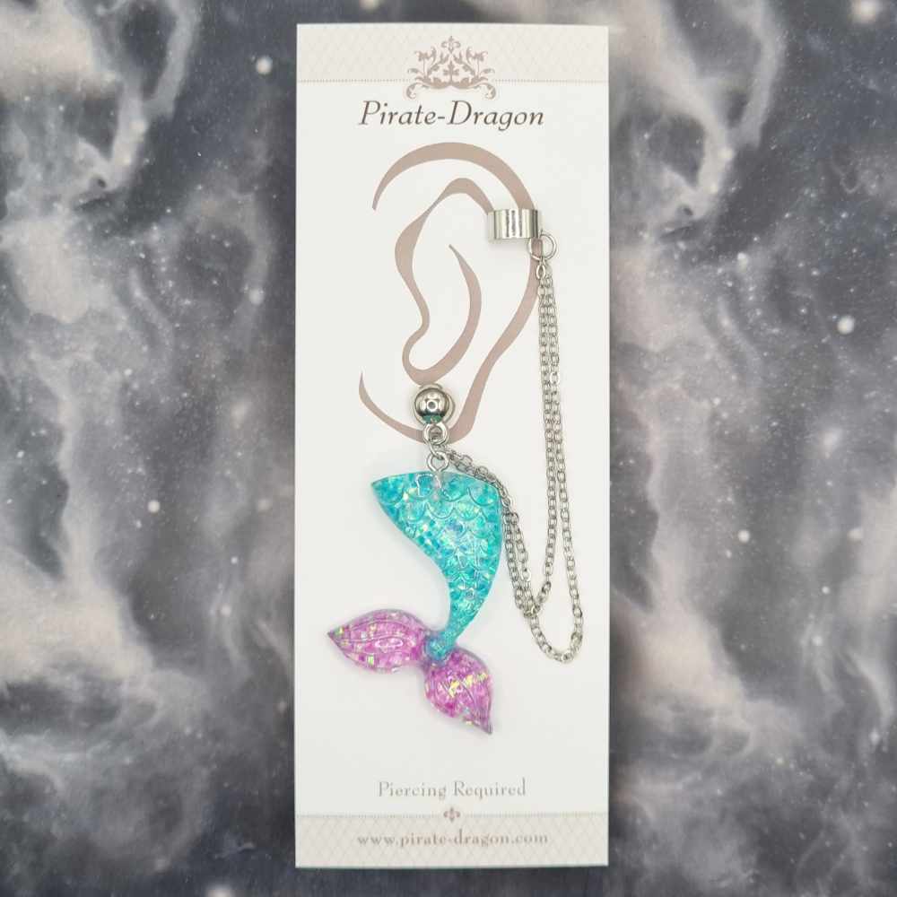 Blue/Purple Mermaid Tail with Silver Chains Pierced Earcuff (EC99251)