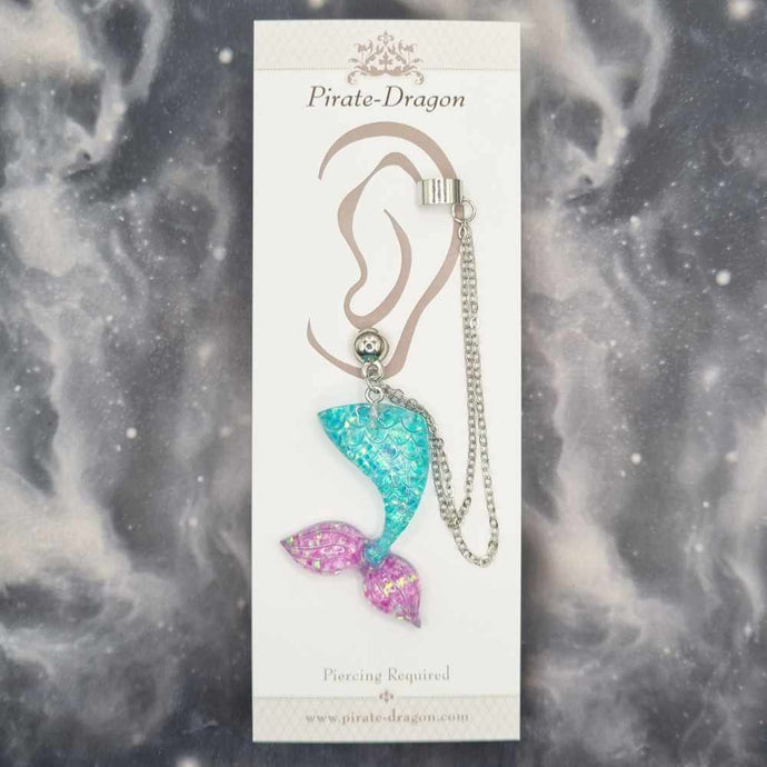 Blue/Purple Mermaid Tail with Silver Chains Pierced Earcuff (EC99251)
