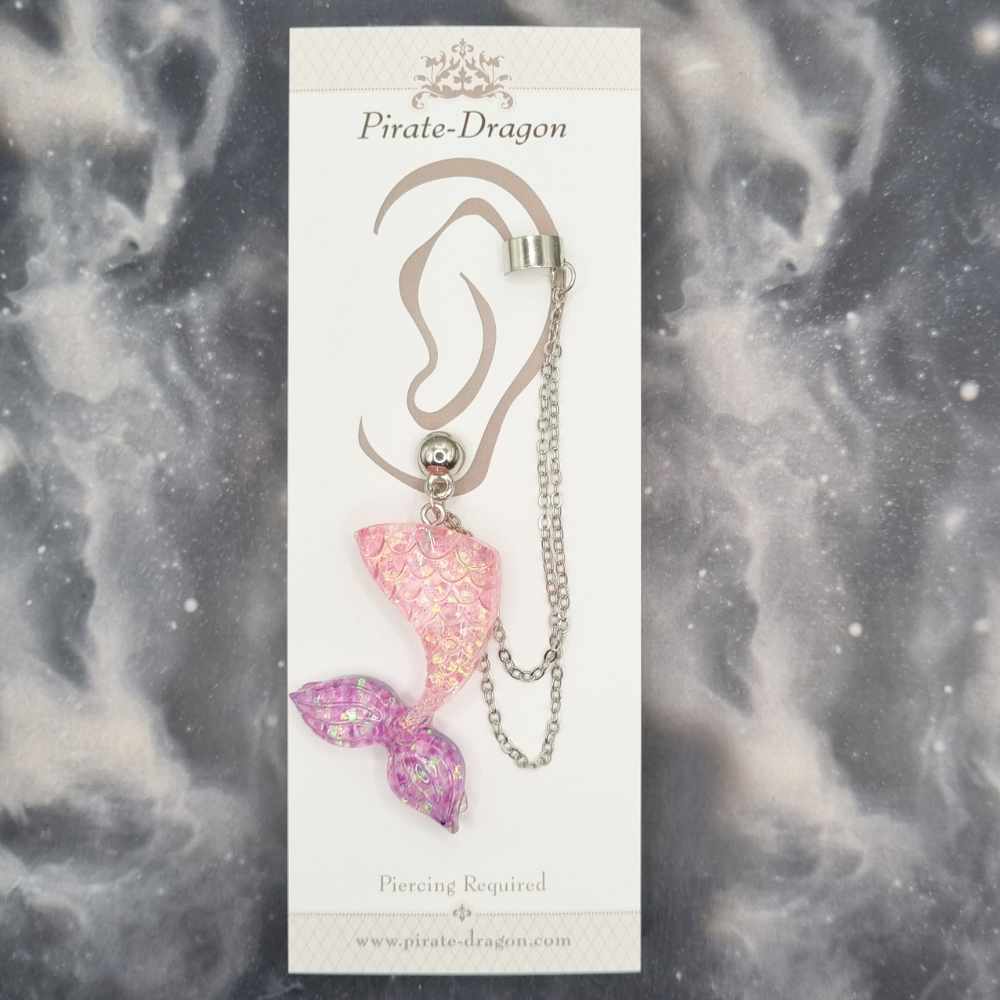 Pink/Purple Mermaid Tail with Silver Chains Pierced Earcuff (EC99253)