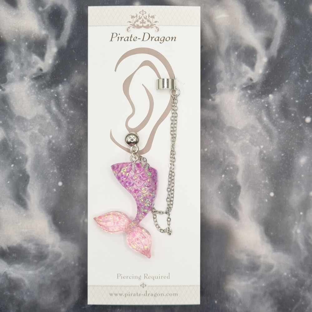 Purple/Pink Mermaid Tail with Silver Chains Pierced Earcuff (EC99254)