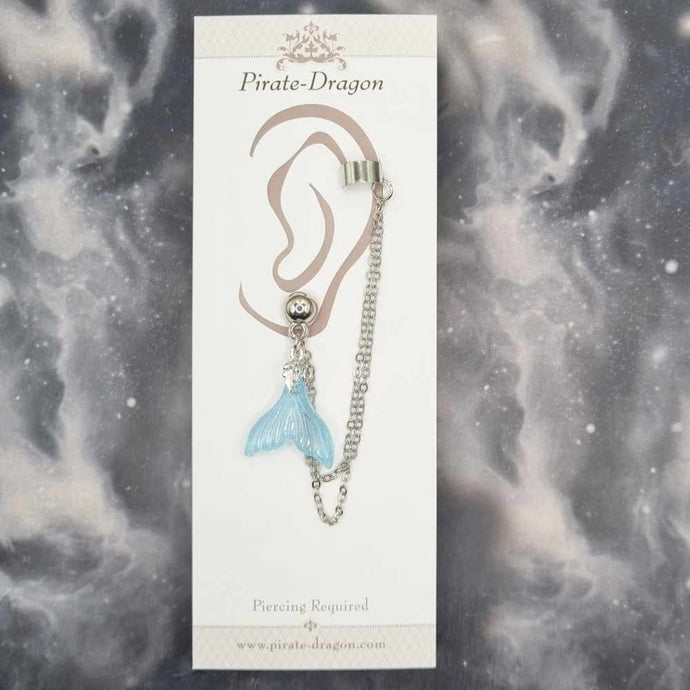 Pale Blue Small Mermaid Tail with Silver Chains Pierced Earcuff (EC99258)