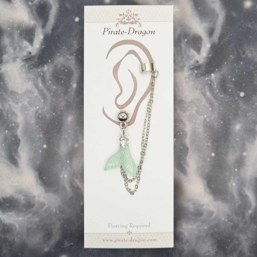 Pale Green Small Mermaid Tail with Silver Chains Pierced Earcuff (EC99259)