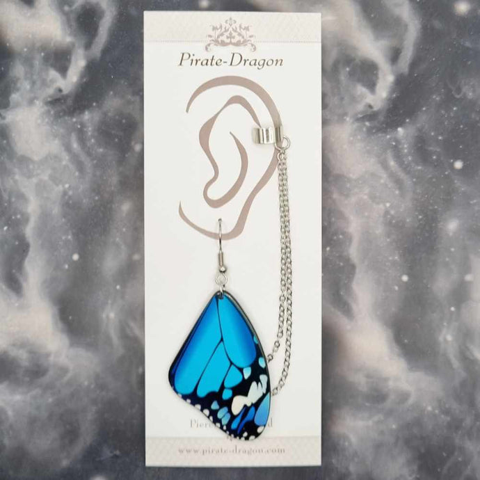 Blue Butterfly Wing with Silver Chains Pierced Earcuff (EC99265)