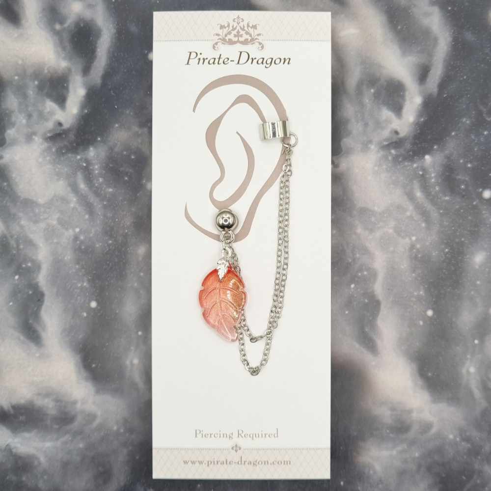 Red Leaf with Silver Chains Pierced Earcuff (EC99271)