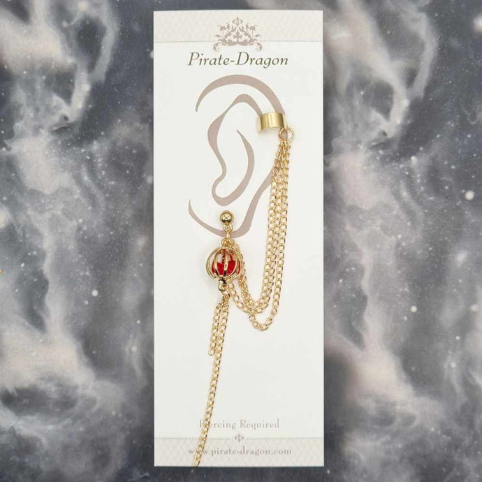 Caged Red Gems with Gold Chains Pierced Earcuff (EC99283)