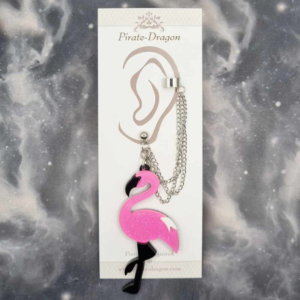 Large Pink Flamingo with Silver Chains Pierced (EC99291)