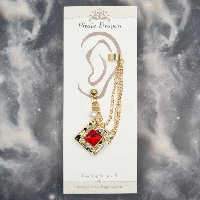 Red & Gold Diamond with Gold Chains Pierced Earcuff (EC99300)