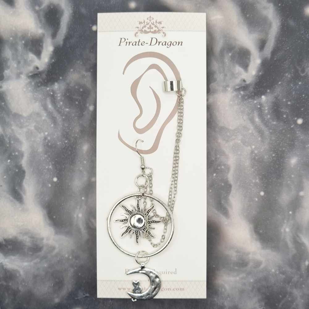 Silver Sun & Moon & Cat with Silver Chains Pierced (EC99308)