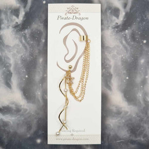 White Gem Star with Gold/Pearl Drops & Gold Chains Pierced Earcuff (EC99317)