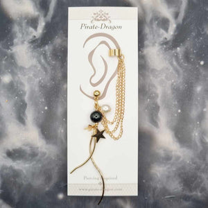 Black & Pearl Beads with Stars, Gold Drops & Gold Chains Pierced Earcuff (EC99318)