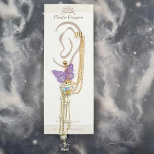Purple Butterfly with Gem Heart, Pearl Chain Drops & Gold Chains Pierced Earcuff (EC99328)