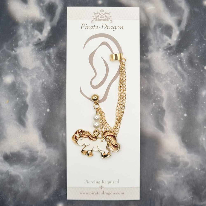 White Horse with Gold Chains Pierced Earcuff (EC99335)