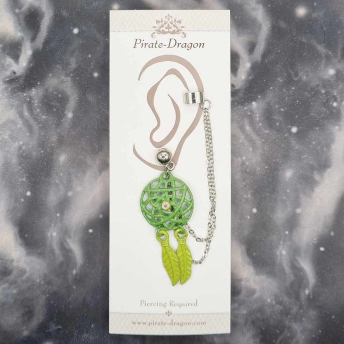 Green Dreamcatcher with Silver Chains Pierced Earcuff (EC99355)