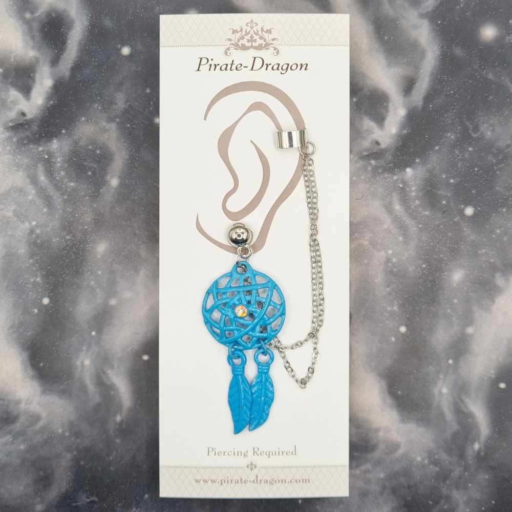 Blue Dreamcatcher with Silver Chains Pierced Earcuff (EC99357)