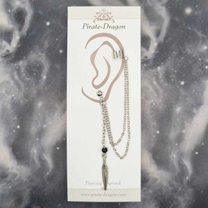 Silver Feather with Black Bead & Silver Chains Pierced Earcuff (EC99359)