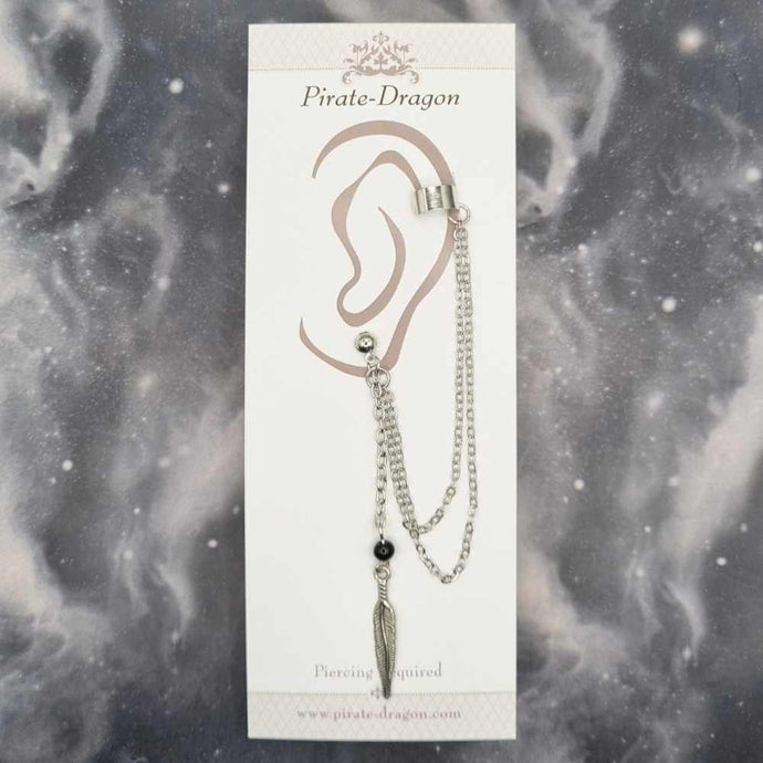 Silver Feather with Black Bead & Silver Chains Pierced Earcuff (EC99359)