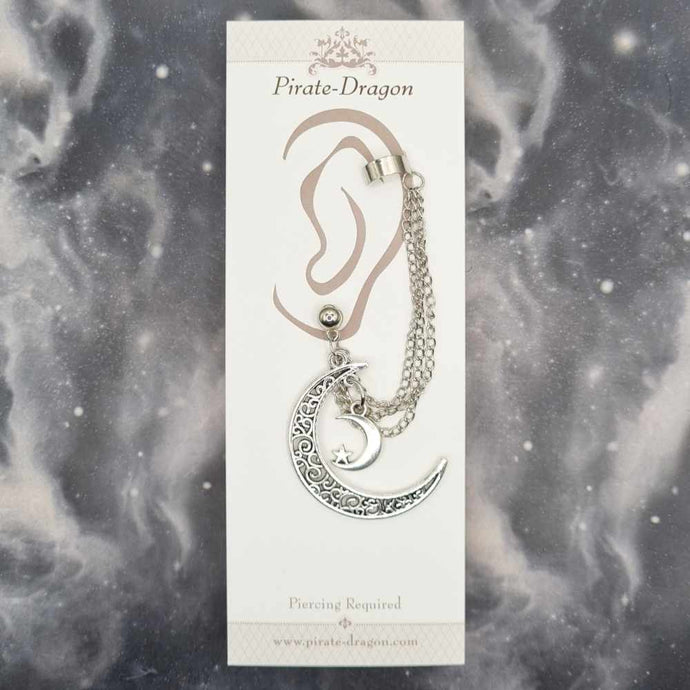 Silver Filigree Moon with Star Moon & Silver Chains Pierced Earcuff (EC99369)