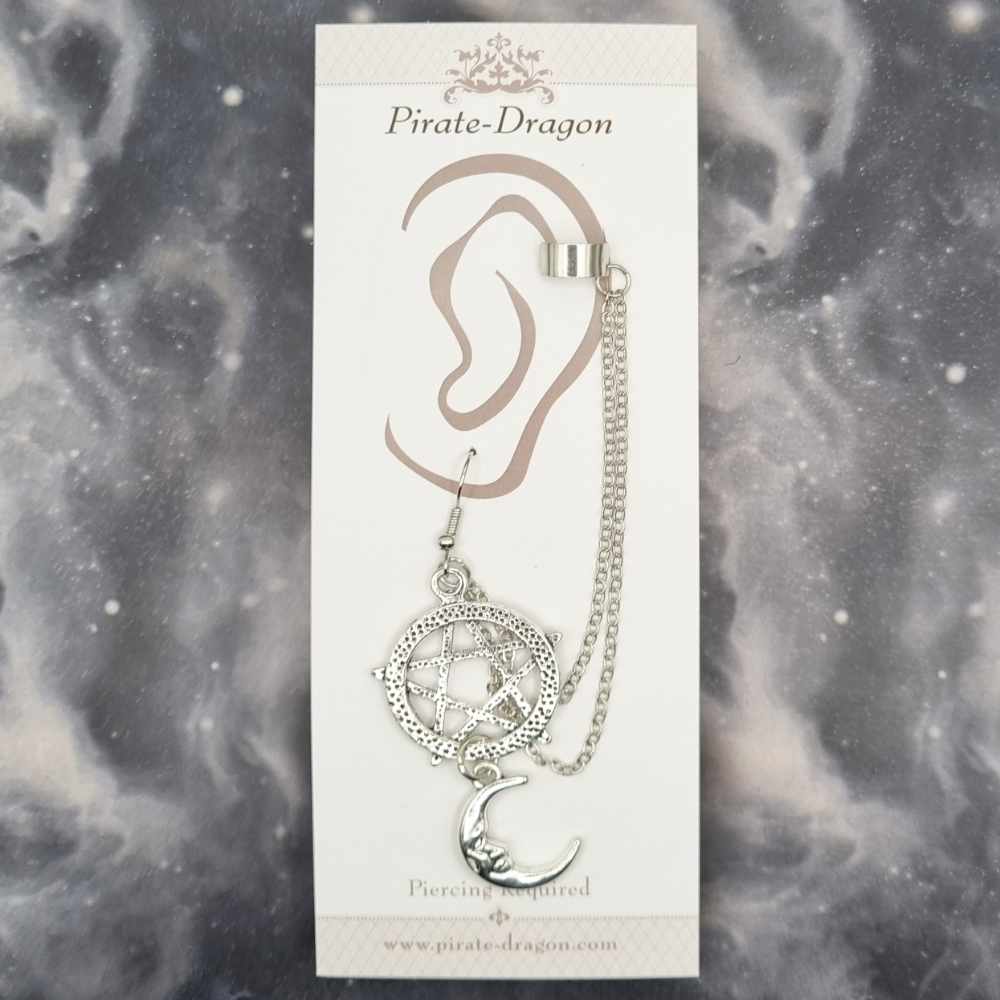 Silver Pentagram & Crescent Moon with Silver Chains Pierced Earcuff (EC99373)