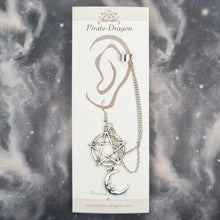 Load image into Gallery viewer, Silver Pentagram &amp; Crescent Moon with Silver Chains Pierced Earcuff (EC99373)