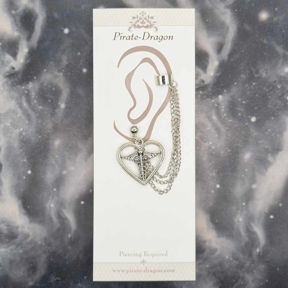 Silver Caduceus Heart with Silver Chains Pierced Earcuff (EC99379)