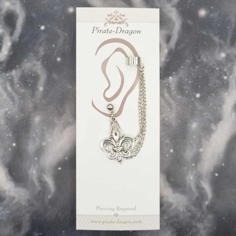 Silver Fleur-de-lis with Silver Chains Pierced Earcuff (EC99380)