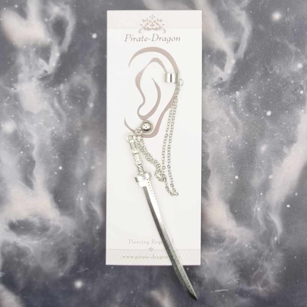 Silver Sword (Katana) with Silver Chains Pierced Earcuff (EC99387)