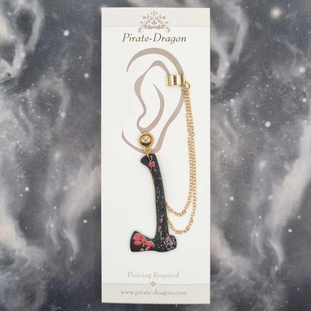 Bloody Black Axe with Gold Chains Pierced Earcuff (EC99399)