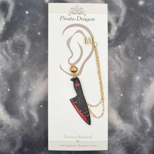 Bloody Black Knife with Gold Chains Pierced Earcuff (EC99401)