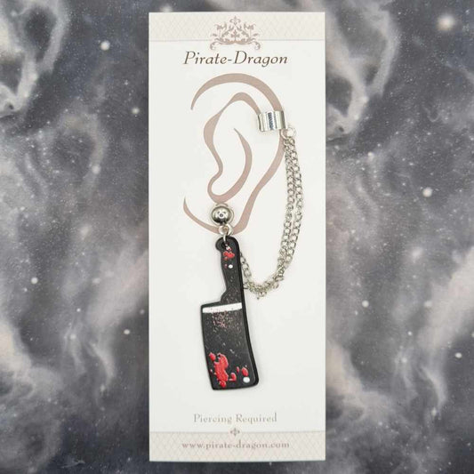 Bloody Black Hatchet with Silver Chains Pierced Earcuff (EC99404)