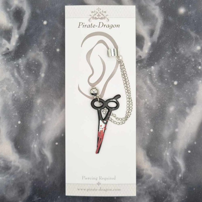 Bloody Black Scissors with Silver Chains Pierced Earcuff (EC99406)