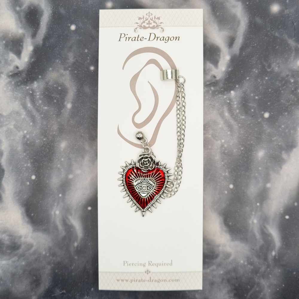 Red Heart with Silver Chains Pierced Earcuff (EC99410)