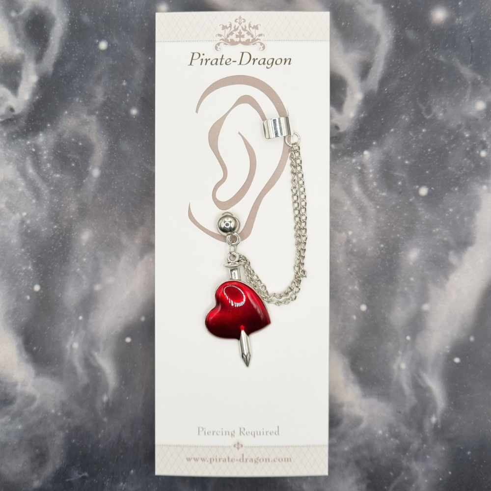 Red Staked Heart with Silver Chains Pierced Earcuff (EC99411)
