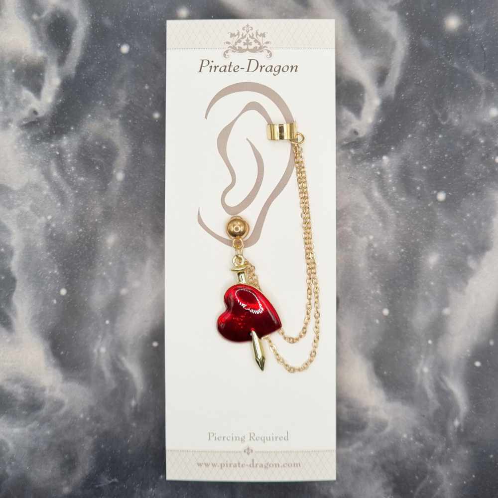 Red Staked Heart with Gold Chains Pierced Earcuff (EC99412)