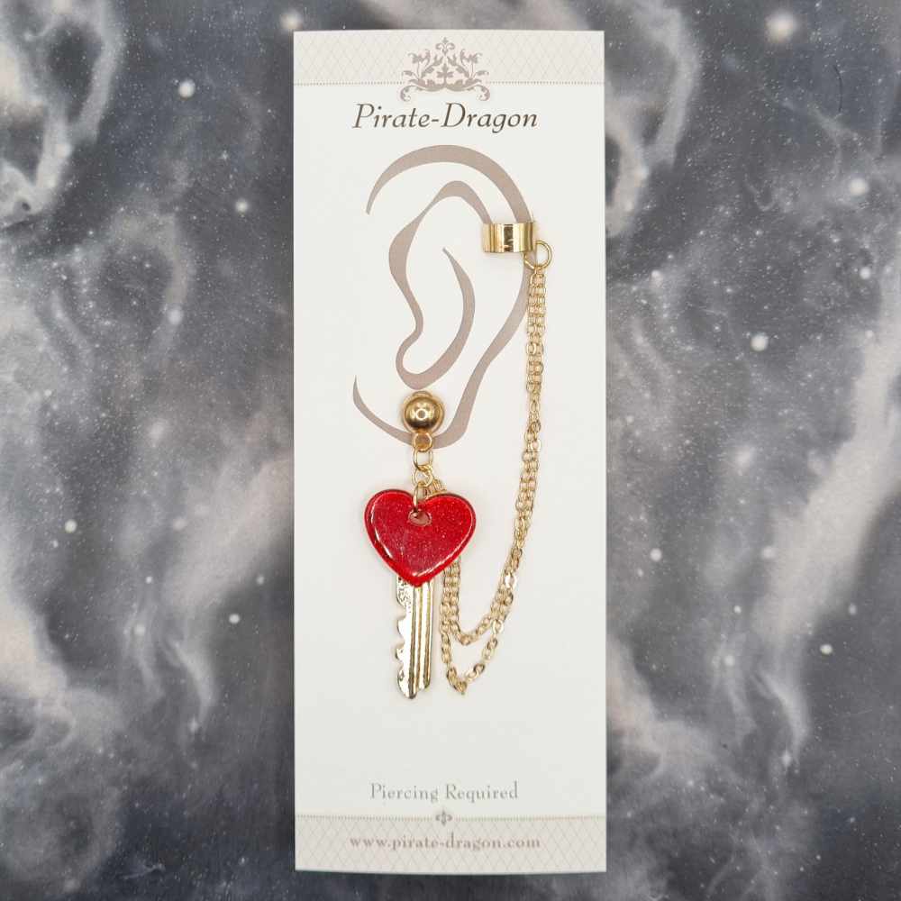 Red Heart Key with Gold Chains Pierced Earcuff (EC99413)
