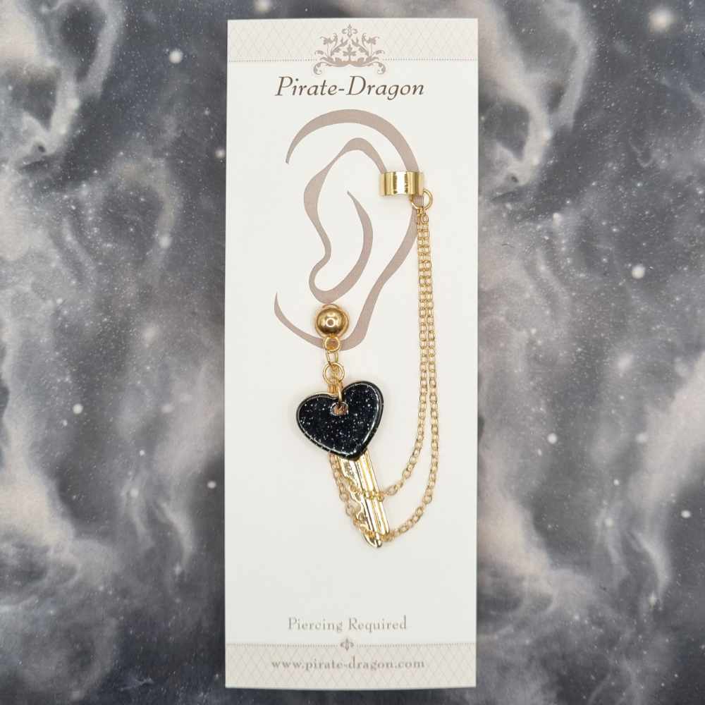 Black Heart Key with Gold Chains Pierced Earcuff (EC99414)
