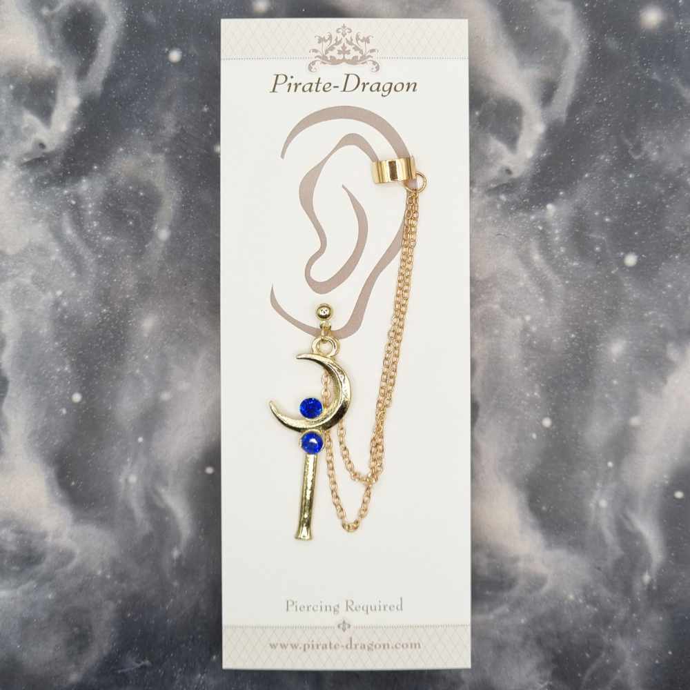 Blue Gem Wand with Gold Chains Pierced Earcuff (EC99415)