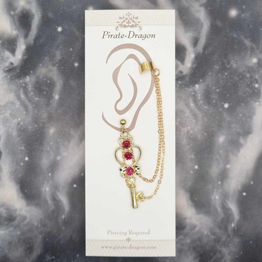 Pink Gem Wand with Gold Chains Pierced Earcuff (EC99416)