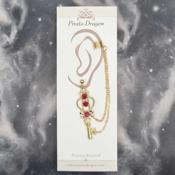 Pink Gem Wand with Gold Chains Pierced Earcuff (EC99416)