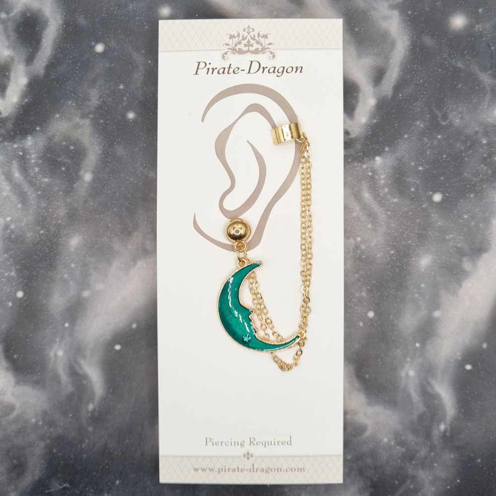 Green Crescent Moon with Gold Chains Pierced Earcuff (EC99425)