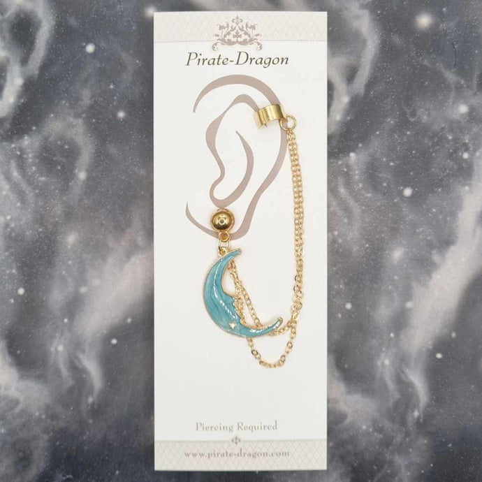 Light Blue Crescent Moon with Gold Chains Pierced Earcuff (EC99426)
