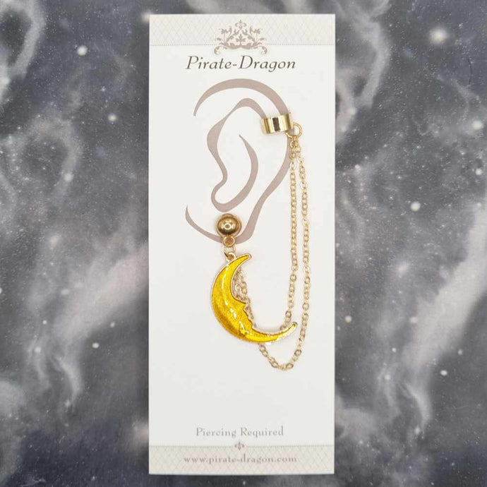 Yellow Crescent Moon with Gold Chains Pierced Earcuff (EC99427)