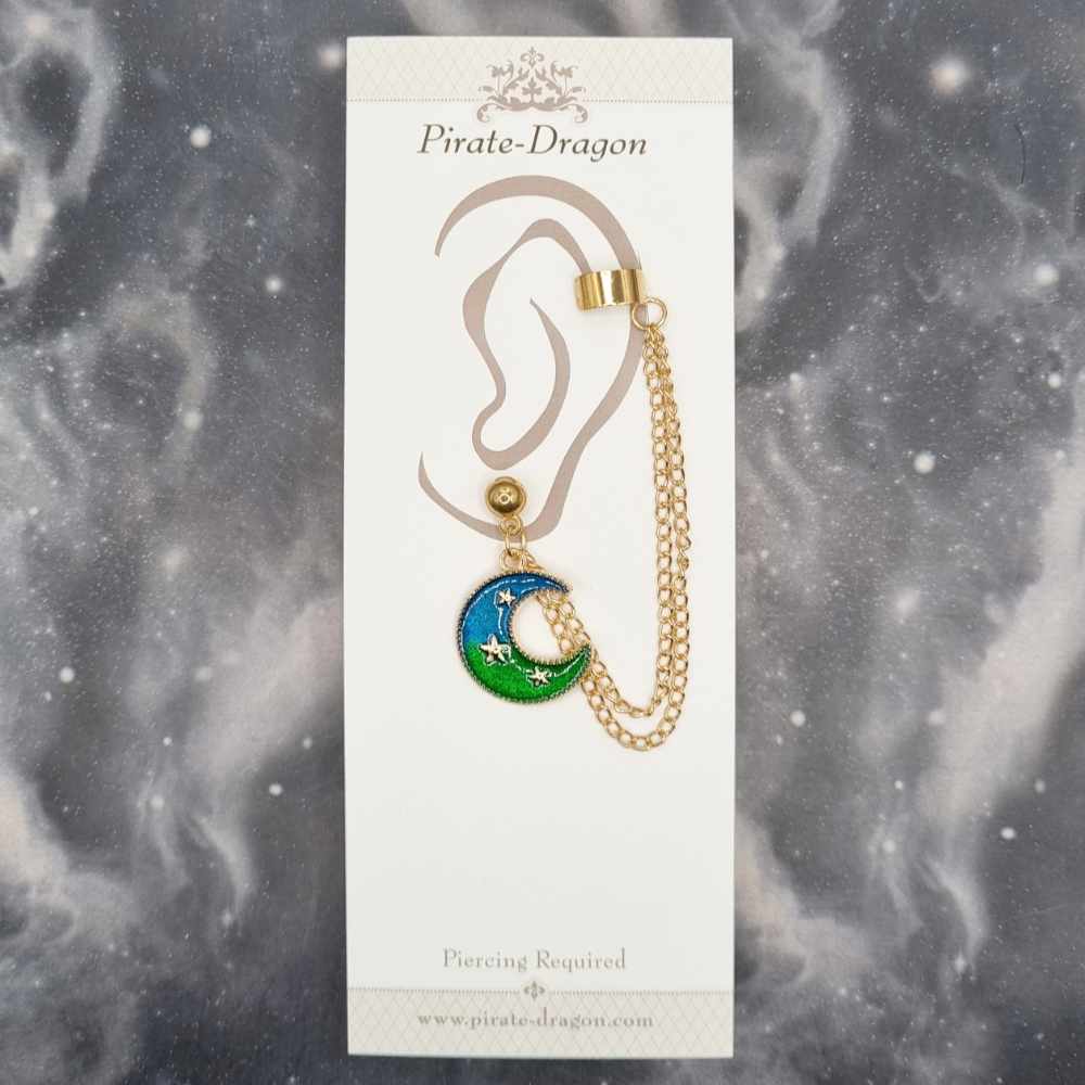 Blue/Green Crescent Moon with Gold Chains Pierced Earcuff (EC99430)