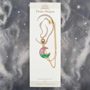 Purple/Green Crescent Moon with Gold Chains Pierced Earcuff (EC99431)
