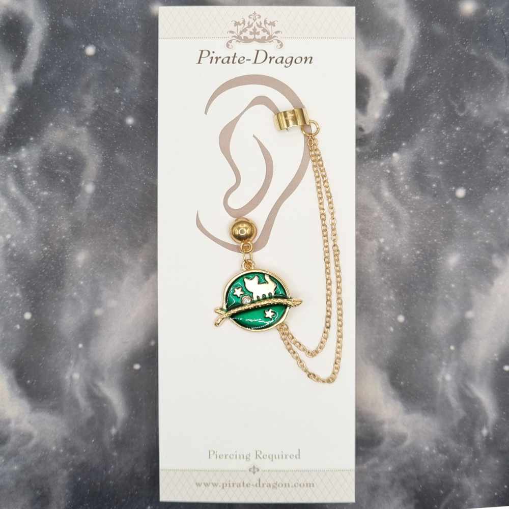 Cat Silhouette on Green Moon with Gold Chains Pierced Earcuff (EC99442)