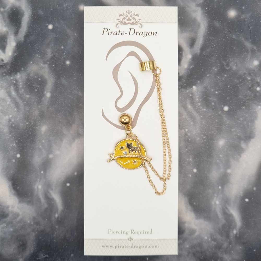 Cat Silhouette on Yellow Moon with Gold Chains Pierced Earcuff (EC99443)