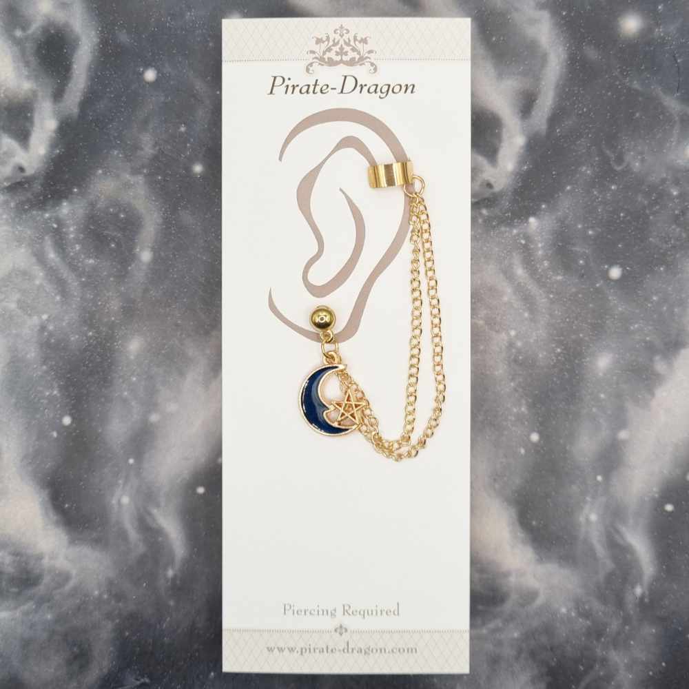 Blue Crescent Moon with Gold Chains Pierced Earcuff (EC99447)